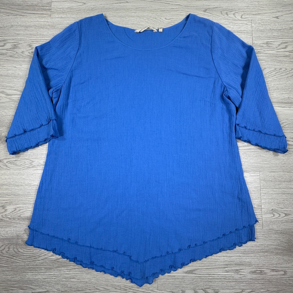Soft Surroundings Women's Top Blue Medium 3/4 Ruffle Sleeve Sharkbite Hem Cotton